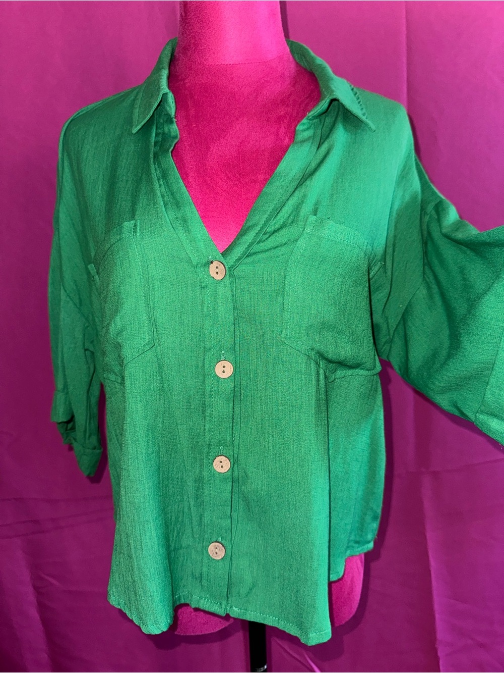 Green Button-Front Pocket Crop Top